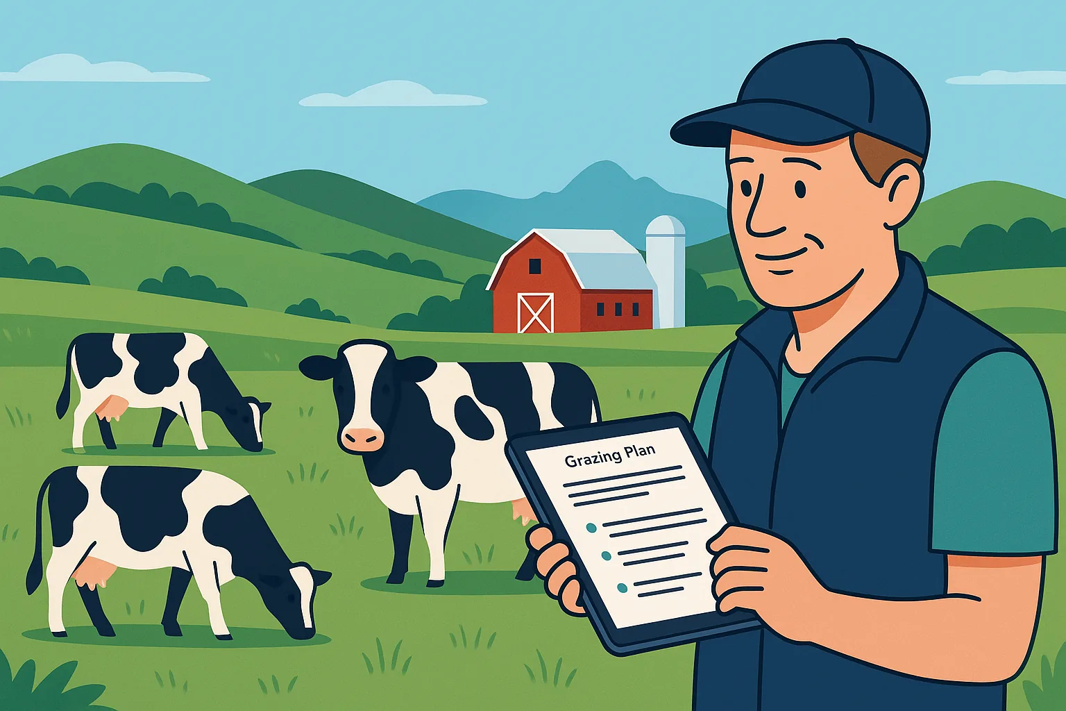 Illustration of a farmer using a tablet with a grazing plan while cows graze in a pasture.