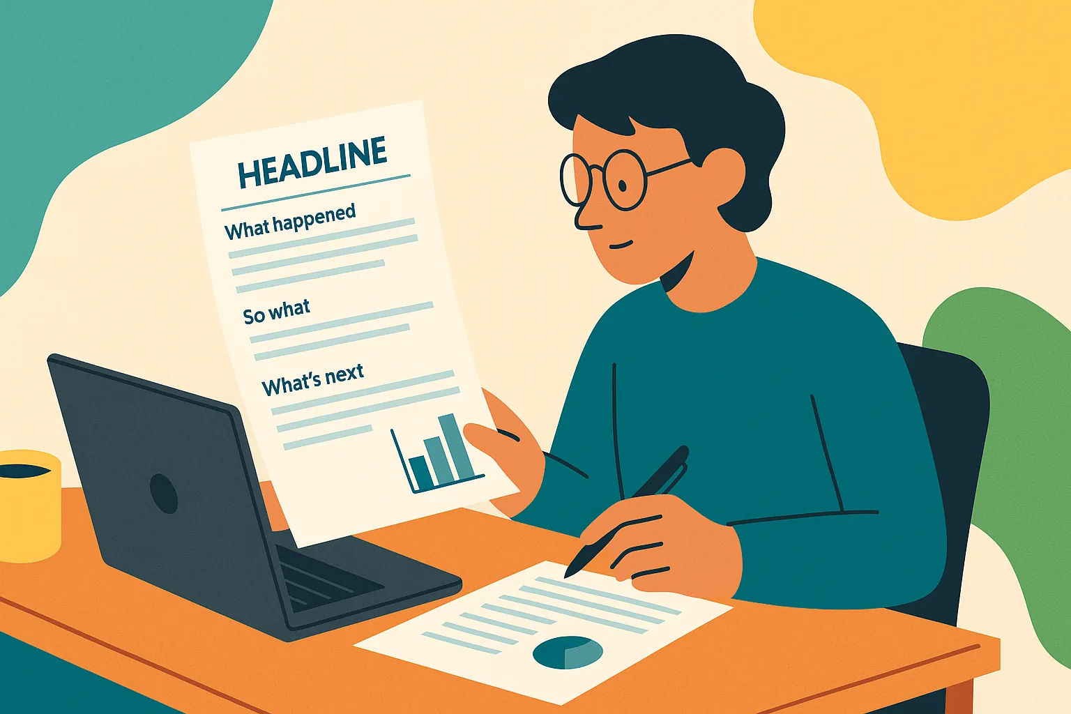 Illustration of a person reviewing a report with sections for what happened, so what, and what’s next while working on a laptop.