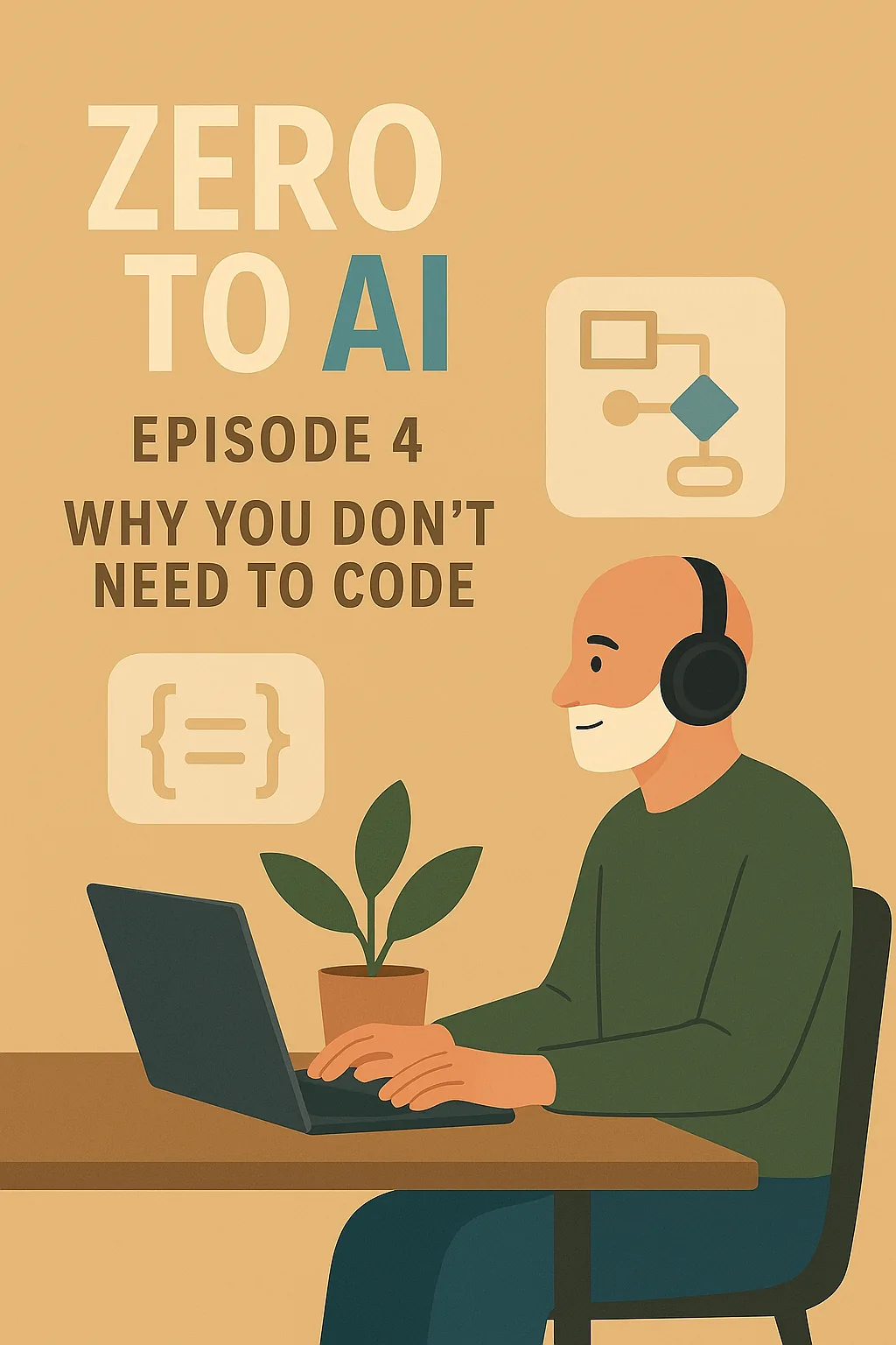 Illustration of a man using a laptop with AI workflow icons representing no-code tools and automation.