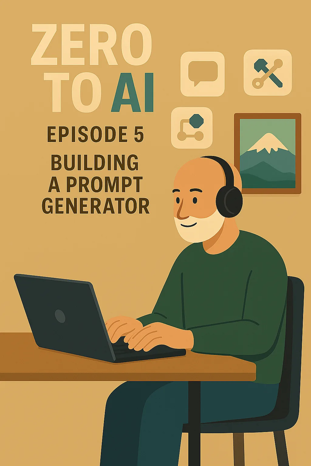 Zero to AI Episode 5 illustration showing building a prompt generator for creating effective AI prompts.