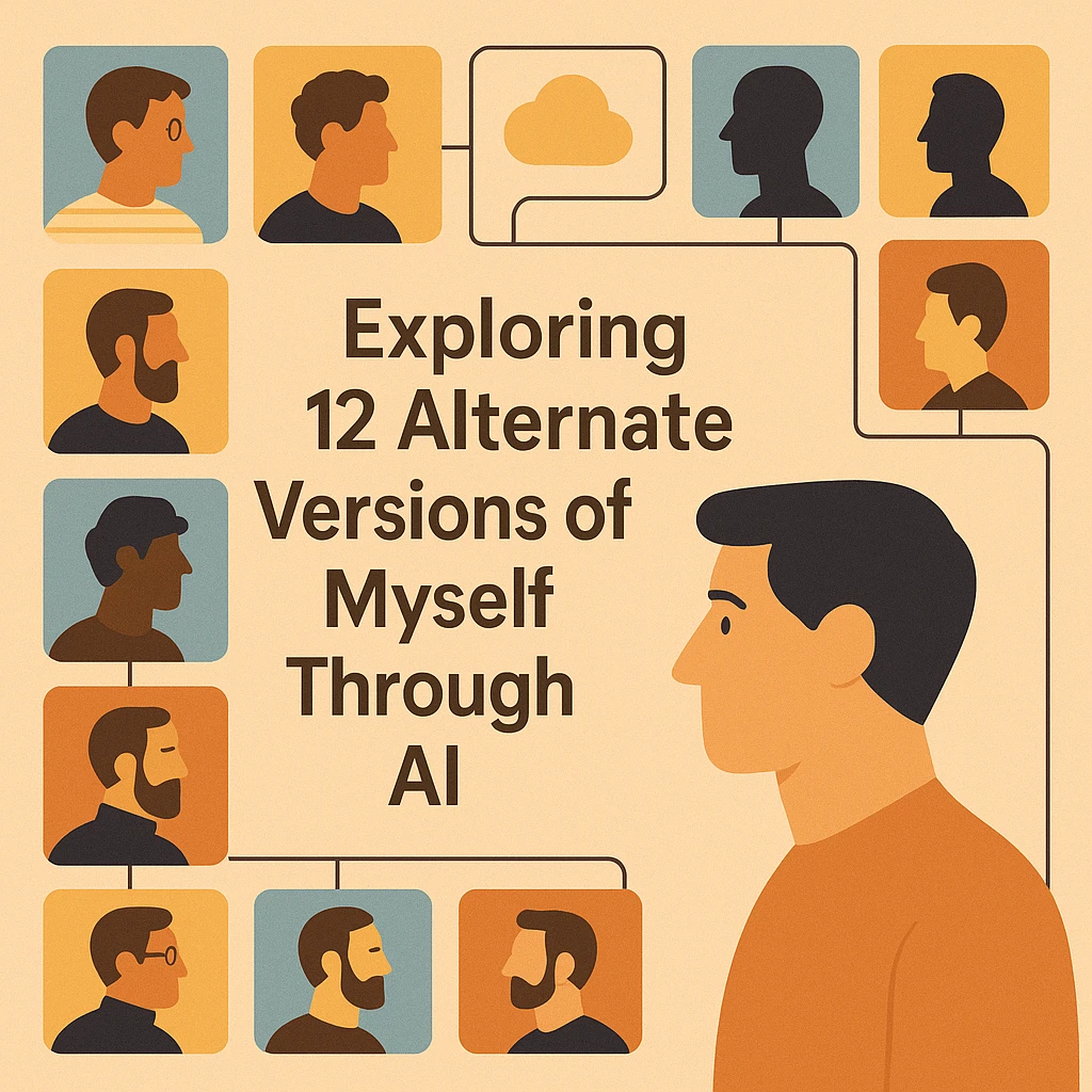 Illustration showing multiple AI personas representing different versions of a person created through AI thinking partners.