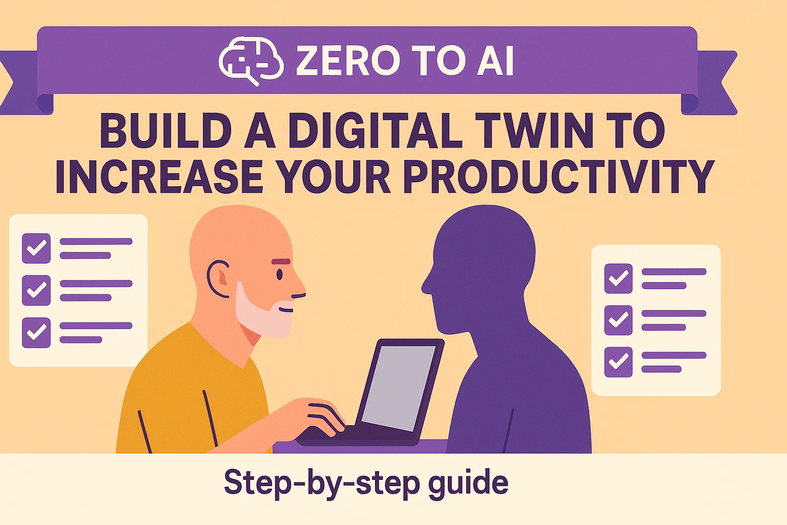 Illustration showing a person creating a digital twin assistant to increase productivity using AI.