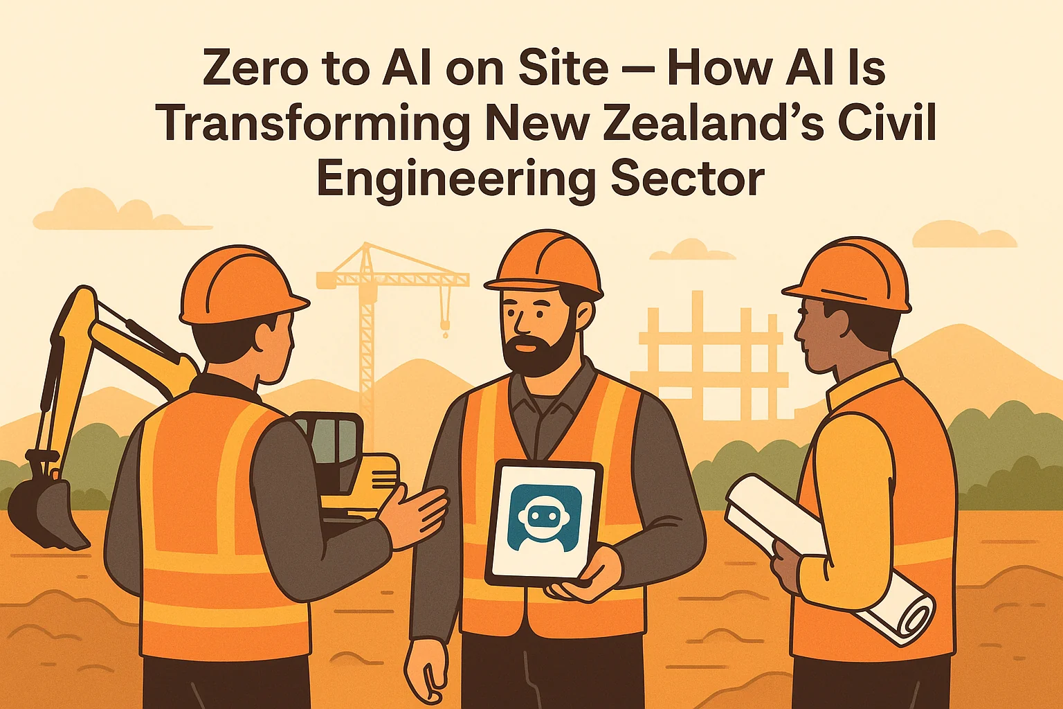 AI transforming New Zealand civil engineering with engineers using AI tools on a construction site.