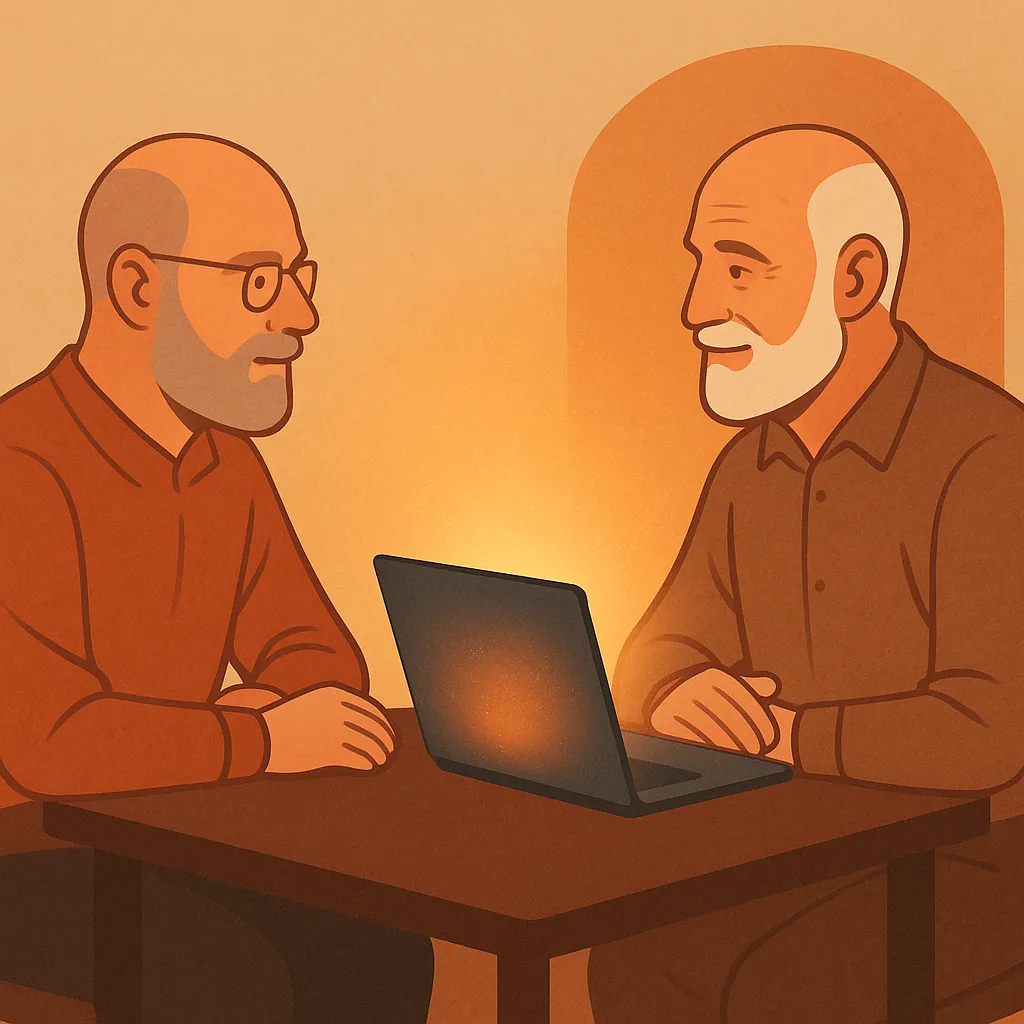 Two professionals discussing ideas with an AI assistant on a laptop, representing collaboration between humans and artificial intelligence.