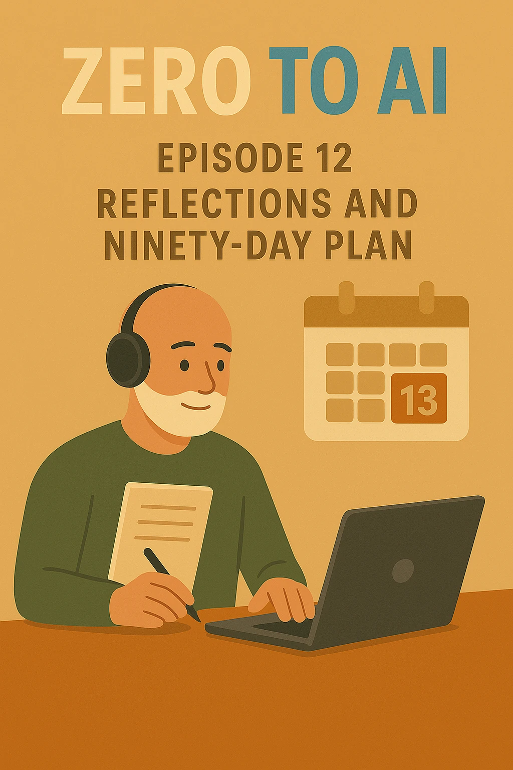 Zero to AI podcast Episode 12 graphic about reflections and creating a ninety-day AI learning and career development plan.