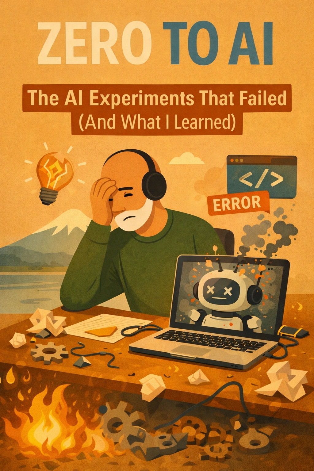 Zero to AI illustration showing failed AI experiments and lessons learned while building AI skills through practical experimentation.