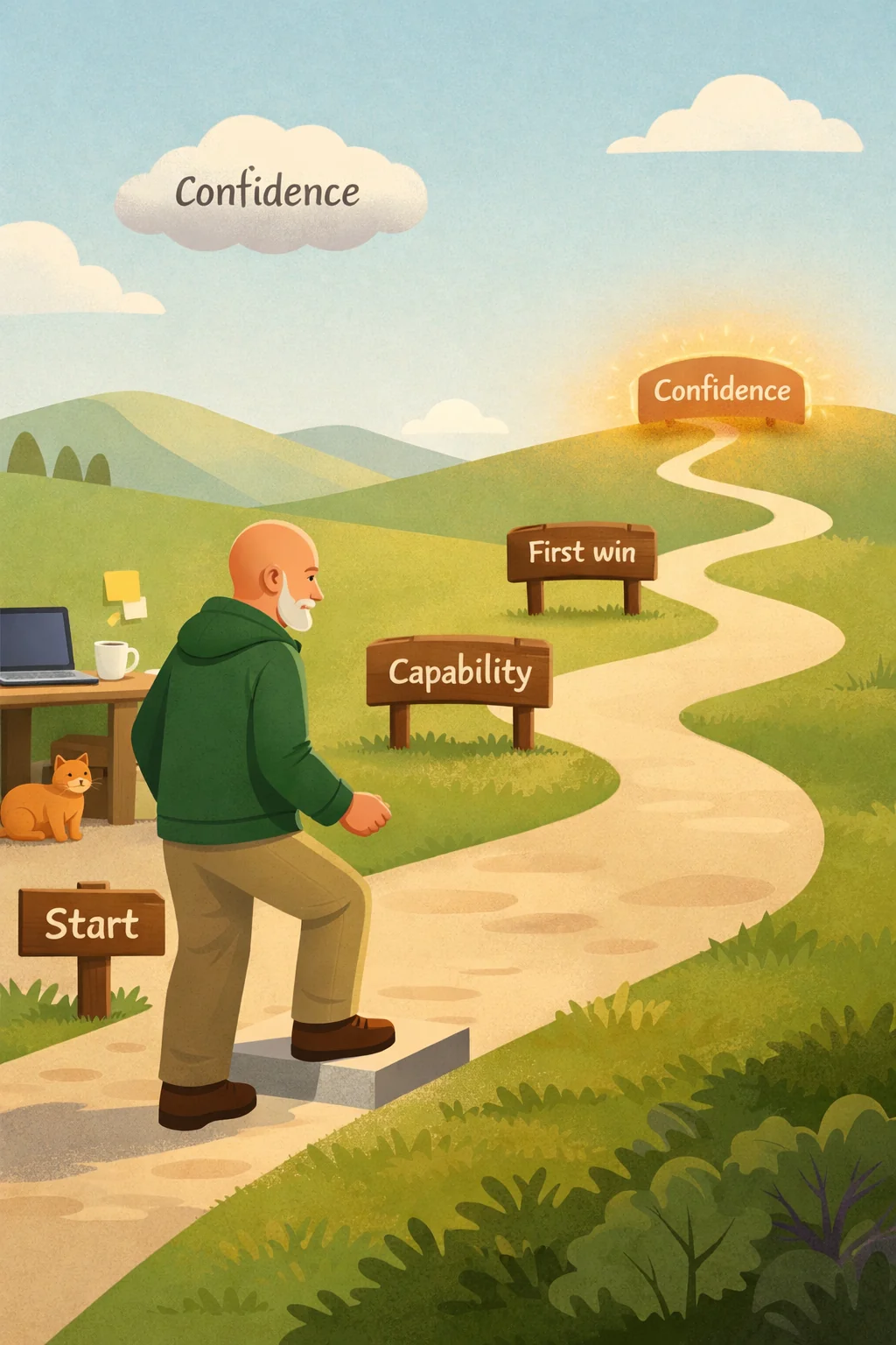 Illustration showing the AI learning journey from start to capability, first win and confidence along a path representing practical AI skill development.