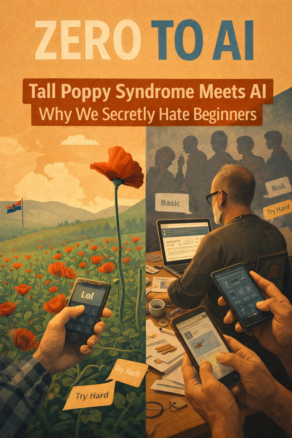 Zero to AI graphic about Tall Poppy Syndrome and AI beginners, illustrating social resistance and criticism faced when learning artificial intelligence.