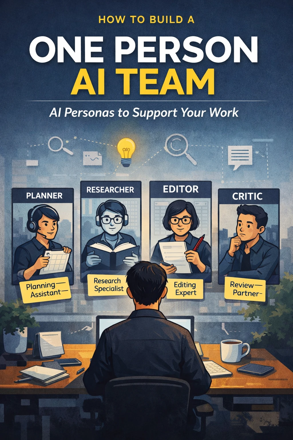 Diagram showing how to build a one-person AI team using AI personas such as planner, researcher, editor and critic to support professional work.