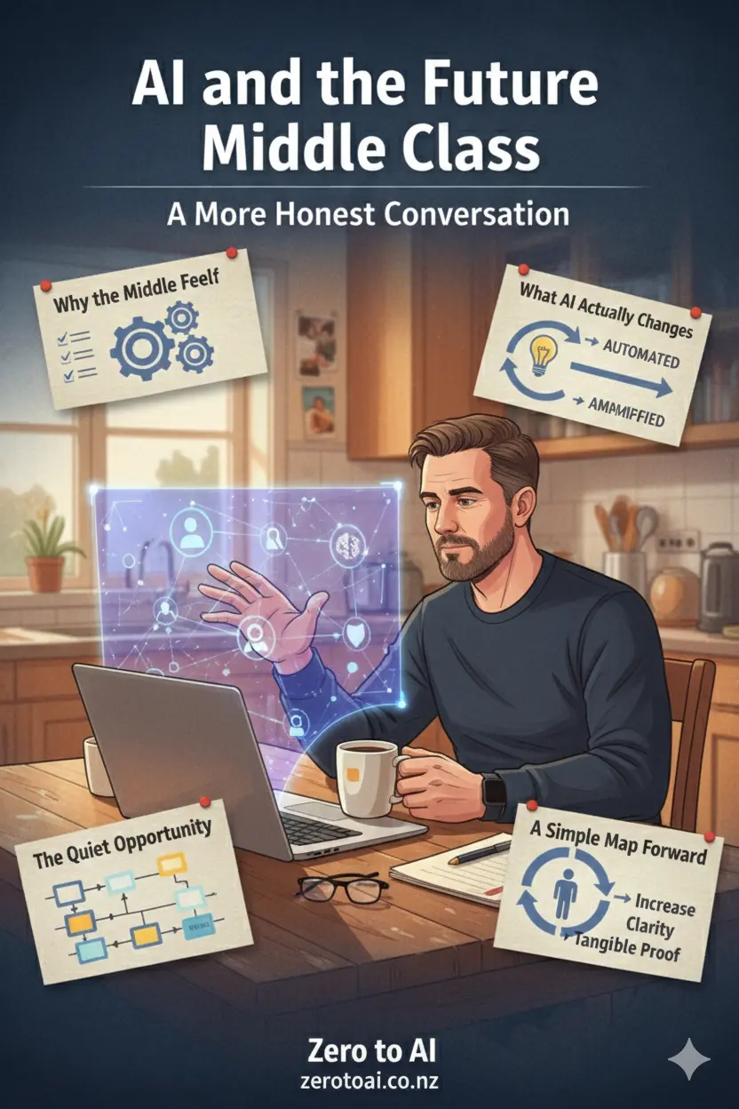 Illustration about AI and the future of the middle class showing a professional using artificial intelligence tools on a laptop.