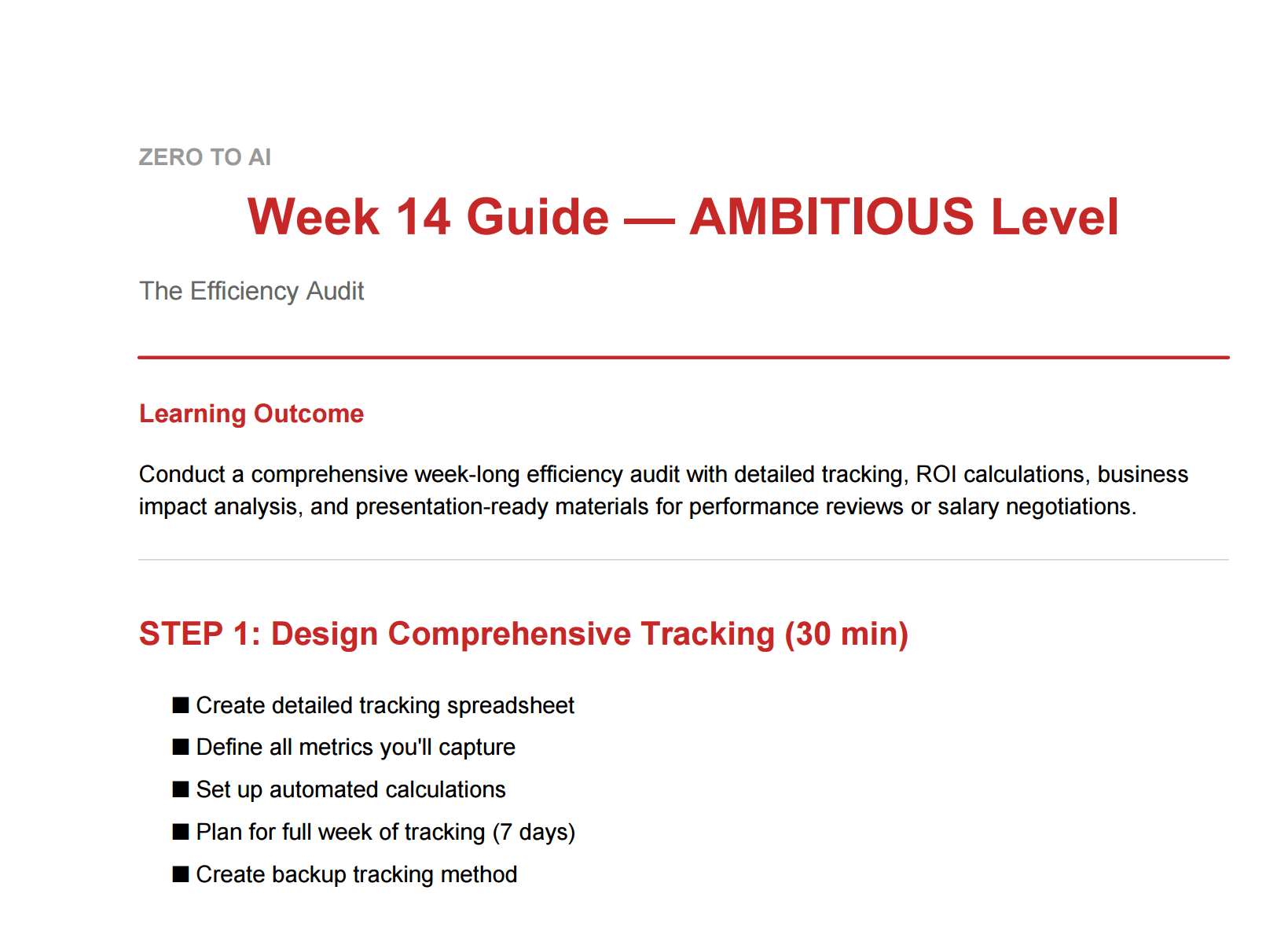 Zero to AI week 14 ambitious level guide explaining a comprehensive AI efficiency audit with ROI tracking and productivity analysis.
