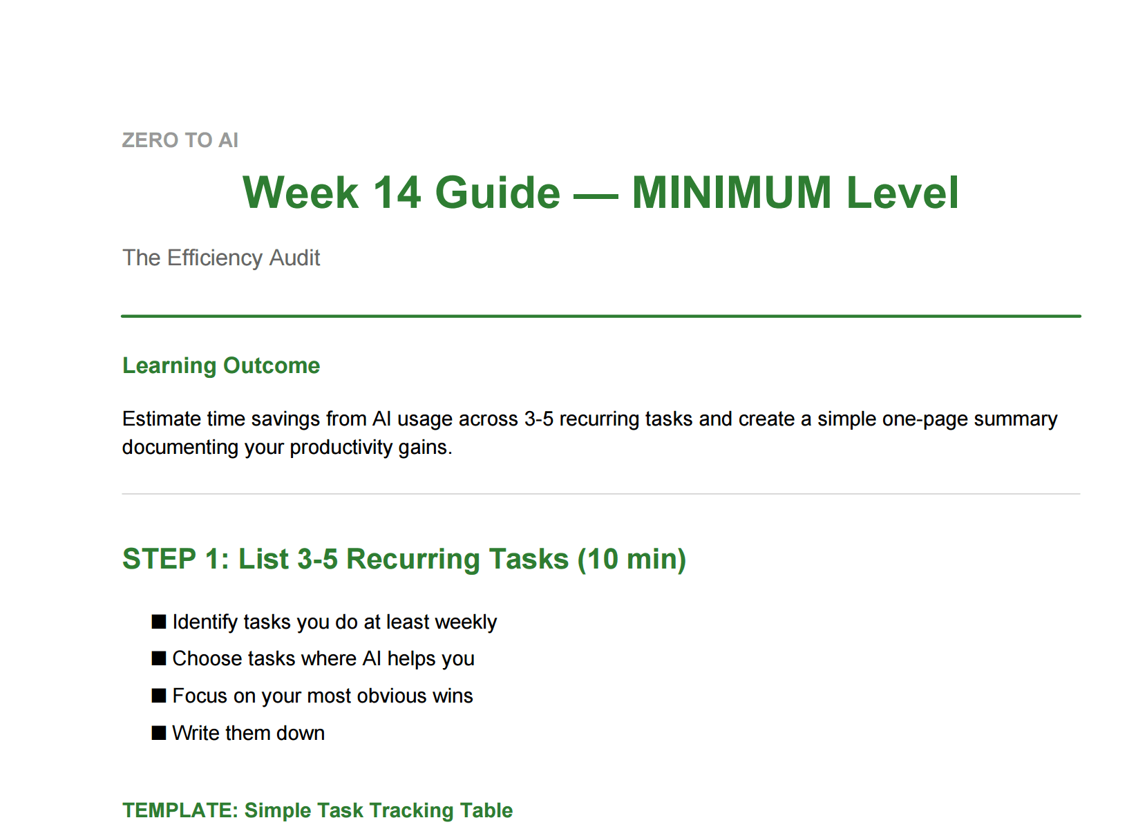 Zero to AI week 14 minimum level guide explaining how to run an AI efficiency audit and measure productivity gains.