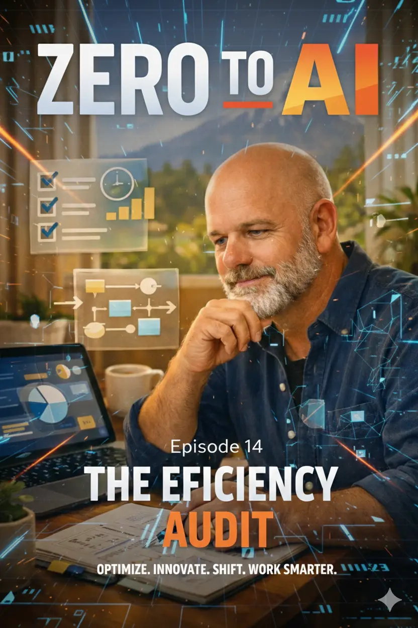 Zero to AI podcast episode 14 graphic showing Steve Wilson analysing workflows and AI tools during an efficiency audit.