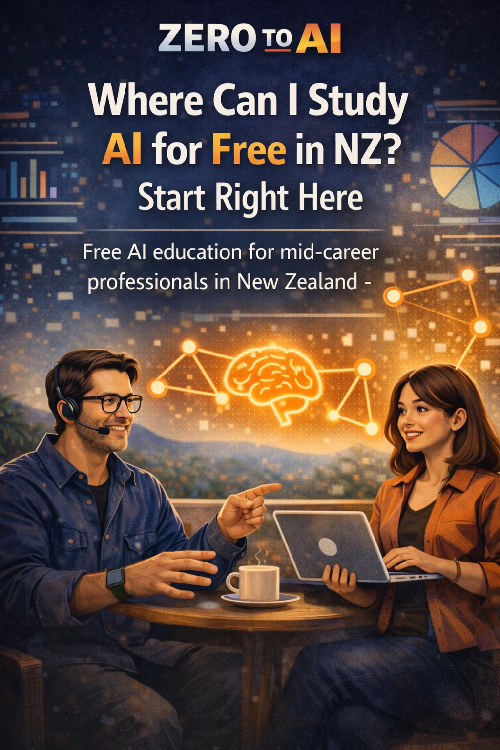 Illustration promoting free AI education in New Zealand showing professionals learning artificial intelligence skills on laptops.