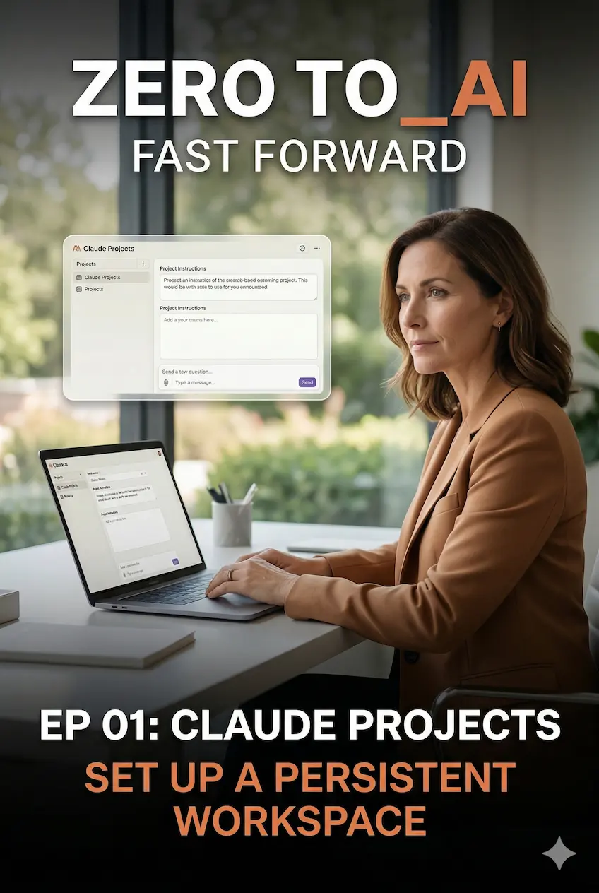 A professional at a desk with Claude.ai open on a laptop and a Claude Projects panel floating nearby — Episode 01 of Zero to AI: Fast Forward