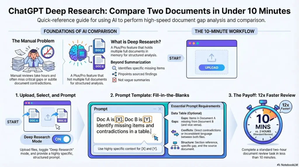 Infographic showing how to run a document gap analysis in ChatGPT Deep Research in five steps, including prompt template — Zero to AI Fast Forward Ep 02