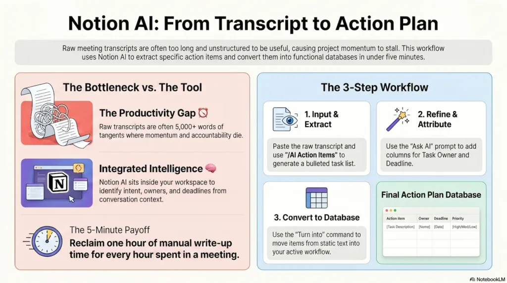 Infographic showing the 4-step process to convert a meeting transcript into a Notion action plan database.