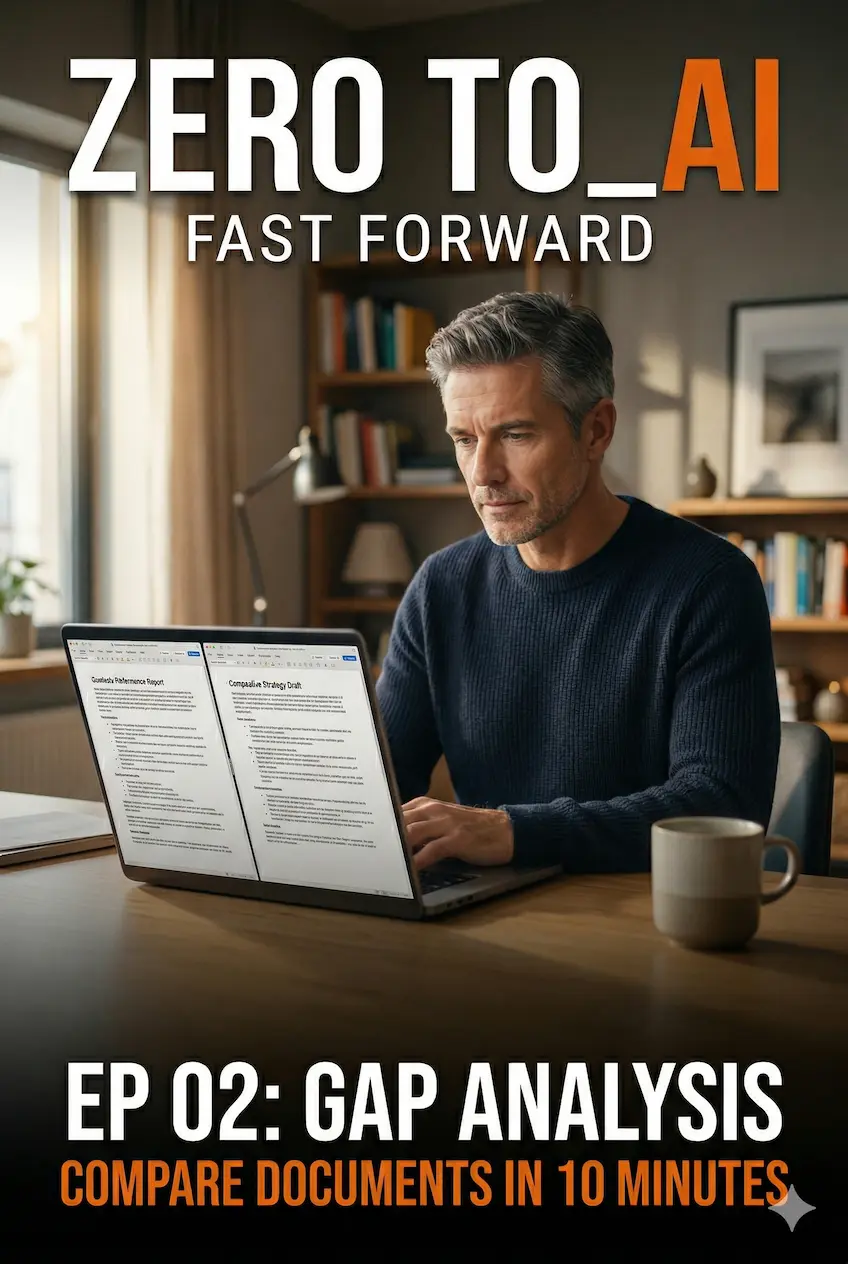 A professional at a desk with two documents displayed side by side on a laptop — Zero to AI Fast Forward Episode 02